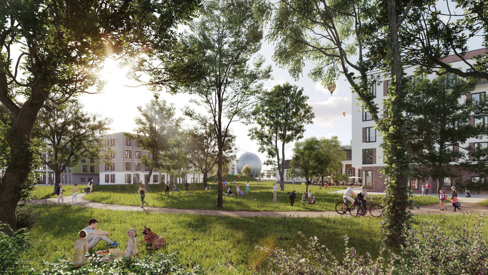 Visualisierung einer Parkszene im Sonnenschein mit Häusern und dem Gaskugelbehälter im Hintergrund.