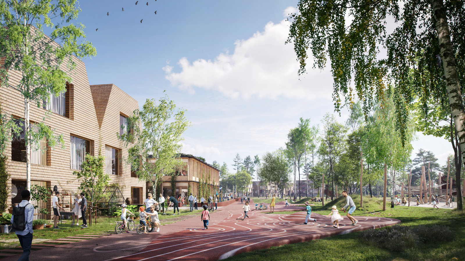 Visualisierung einer roten Spielstraße mit modernen Reihenhäusern mit Bäumen. Auf der Straße spielen Kinder und Familien.