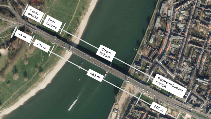 Luftbild der Mülheimer Brücke mit Bezeichnung der Teilbauwerke