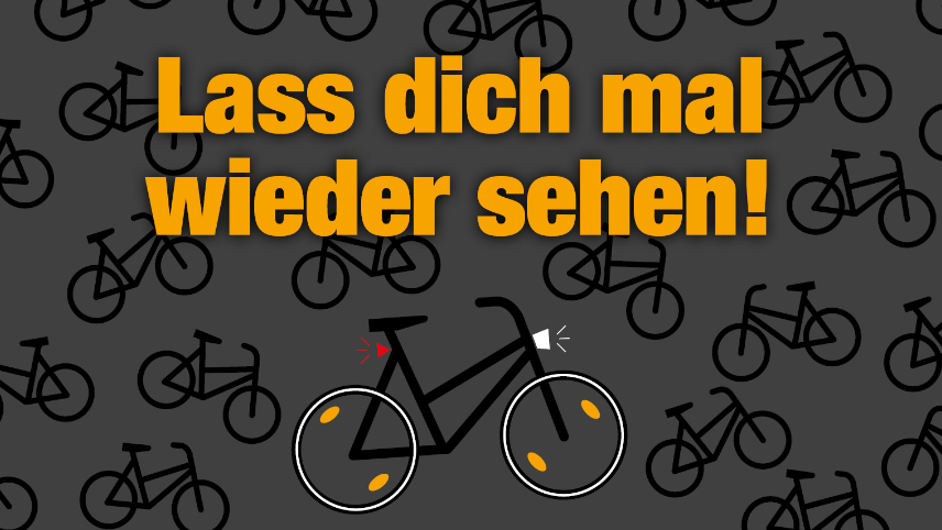 Das Plakat-Motiv zeigt eine grafische Darstellung von zahlreichen dunklen Fahrrädern, die in auf grauem Untergrund in verschiedene Richtungen unterwegs sind. Ein Fahrrad ist mit Beleuchtung und Katzenaugen ausgestattet und ist auf den ersten Blick gut sichtbar. Das Plakat zeigt mittig in großen orangefarbenen Buchstaben den Slogan: "Lass Dich mal wieder sehen!" Dies ist die Aufforderung, dass Radfahrende in der Dämmerung oder bei schlechten Sichtverhältnissen das Licht einschalten sollen.