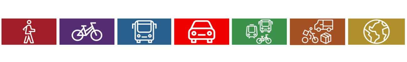 Zu sehen sind sieben farbige Icons: Fußverkehr, Radverkehr, ÖPNV, Kraftfahrzeug, vernetzte Mobilität, Logistik und Raumplanung.