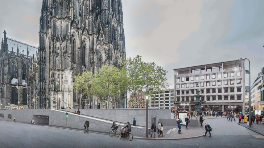 Zu sehen ist eine Visualisierung des neuen Domsockels von der Trankgasse aus mit Blick auf den Kölner Dom, die Tiefgarageneinfahrt und den Stadtbahnabgang.