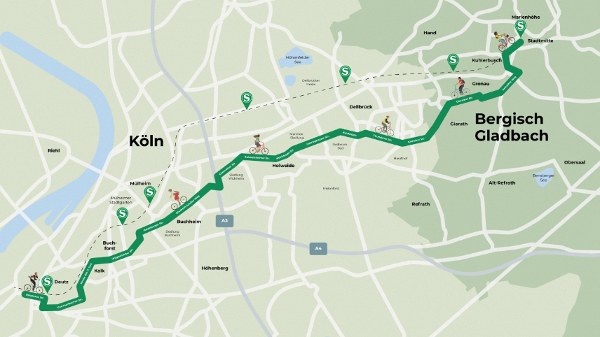 Kartenabbildung der RadPendlerRoute 2 zwischen Köln und Bergisch Gladbach. Markiert auf einer Karte ist der Streckenverlauf für Radfahrende vom Bahnhof Köln-Deutz über die Stadtteile Kalk, Buchforst, Holweide und Dellbrück bis zur Radstation am S-Bahnhof Bergisch Gladbach. 